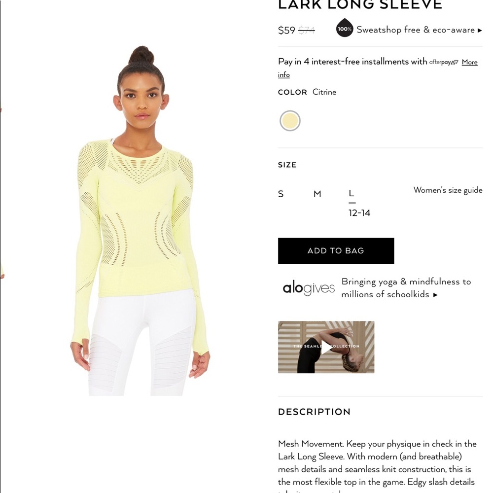 NWT ALO Yoga L Citrine Yellow Lark long sleeve top
